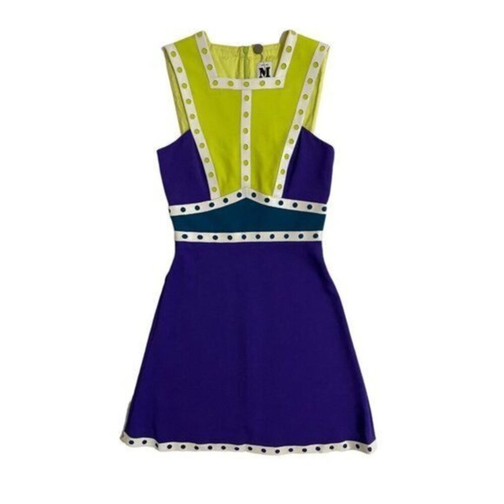 M Missoni Mini Skater Dress Neon Yellow Purple Leather Trim 36 IT 2 US NWT